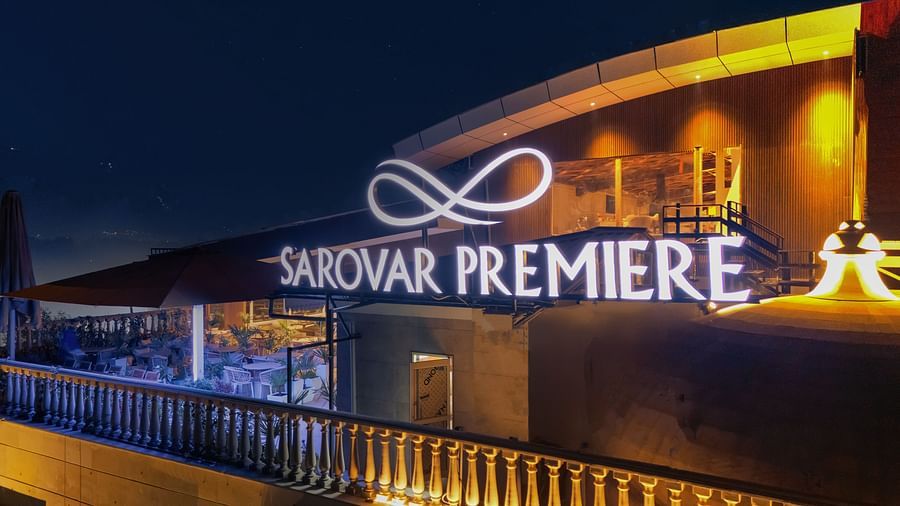 An illuminated image of a signboard indicating our hotel name - Sarovar Premiere, Srinagar